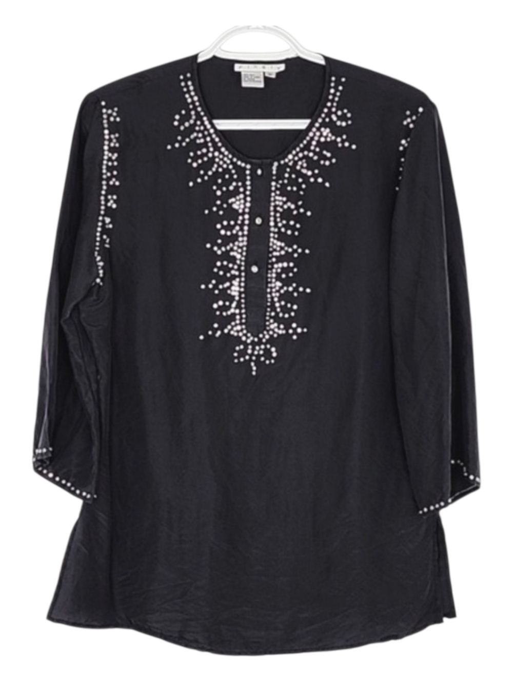 Ninety Women's Black 100% Silk Beaded Embellished Tunic Blouse Small